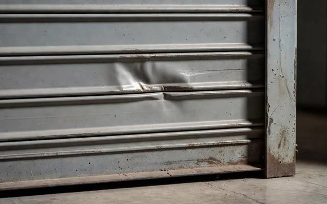A dented roller door slat at the guide