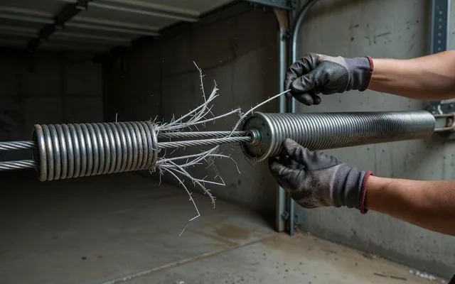 A frayed garage door cable being inspected